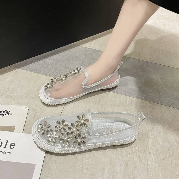 Single Shoes Women's Casual Mesh Flat Heel Flat Rhineston…