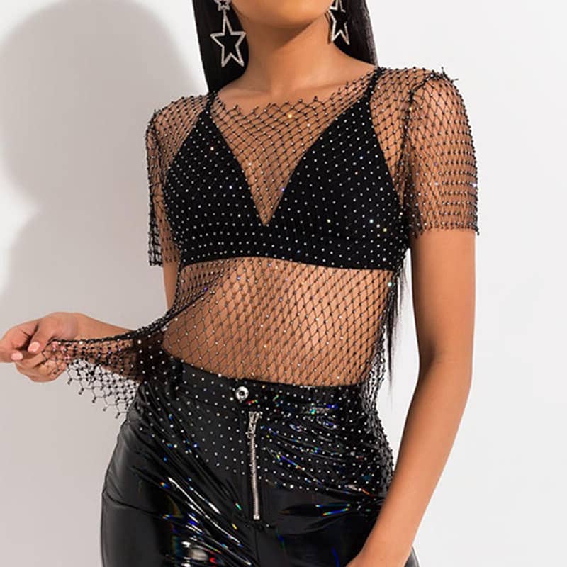 European And American Women's Rhinestone Fishing Net T-shirt