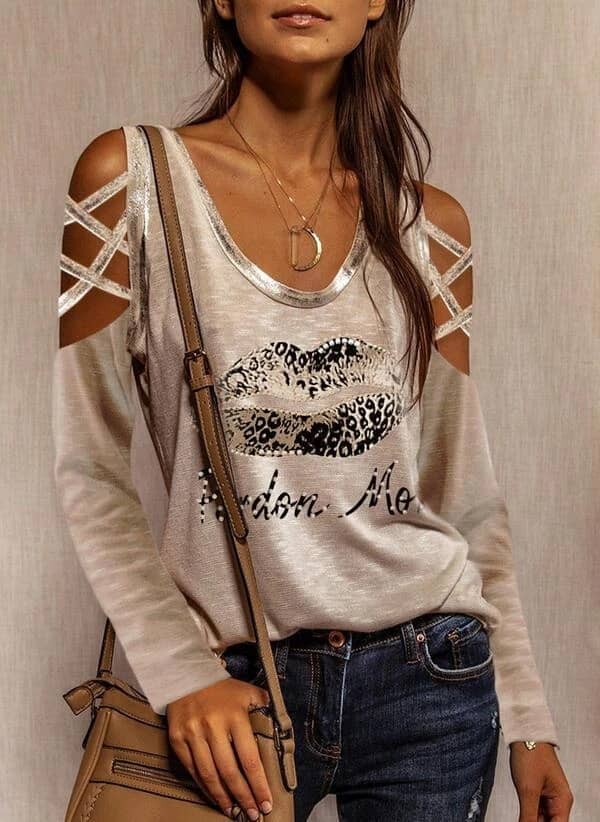 Ladies' Letter Crossing Round Neck Print Off Shoulder T-S…