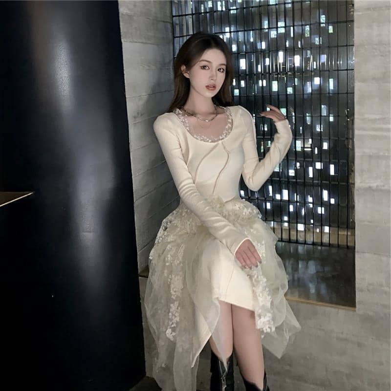 Lace Crochet Fairy Dress Winter New Temperament Long Skirt