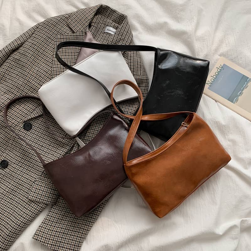 Pure Color Oily Leather All-Match Underarm Bag Bill Of La…