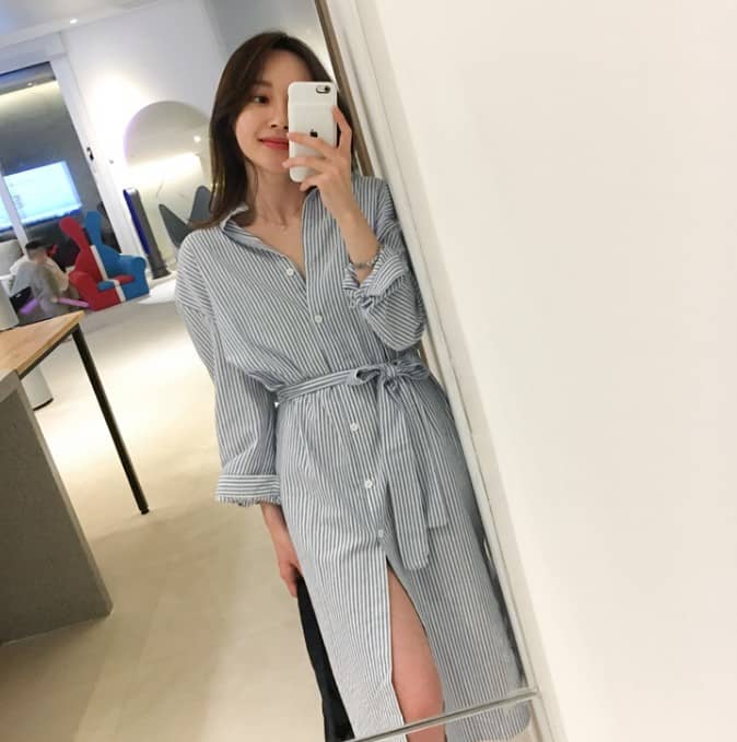 Simple Lace Striped Shirt Dress With Long Sleeves