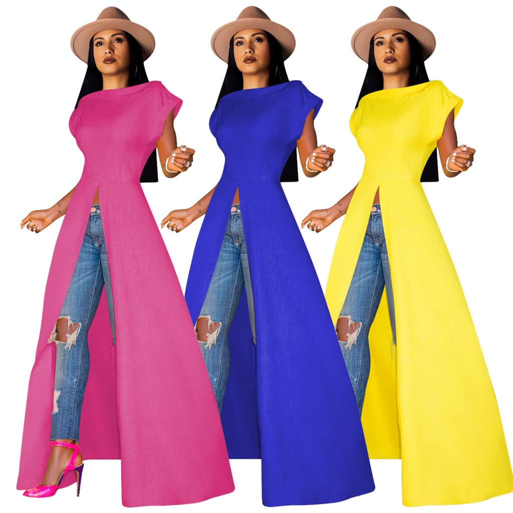 Short-sleeved round neck big split top