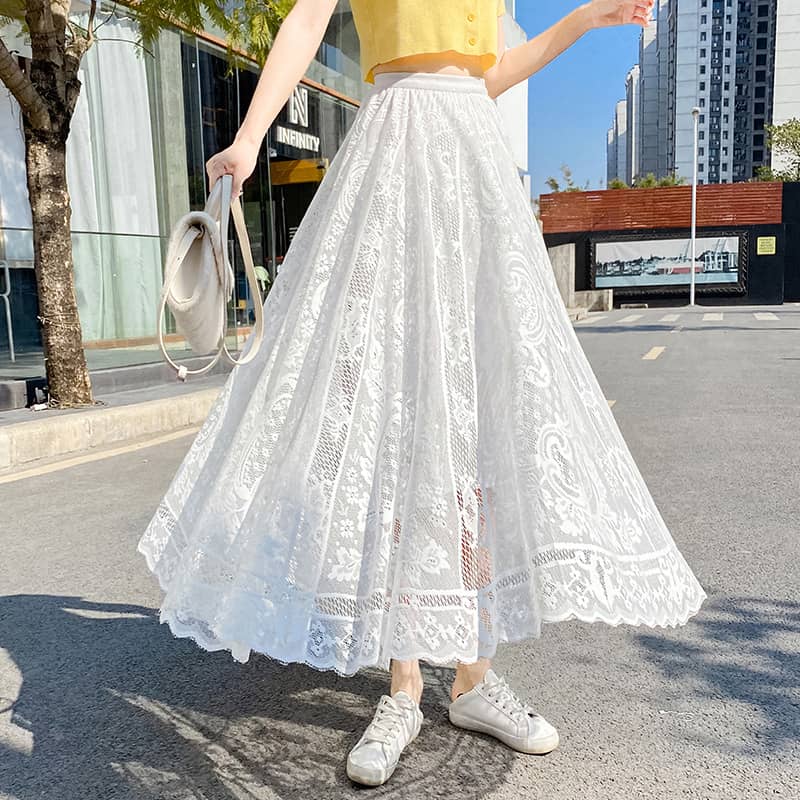 Hollow Fairy Mid Length Umbrella Skirt High Waist A Line…