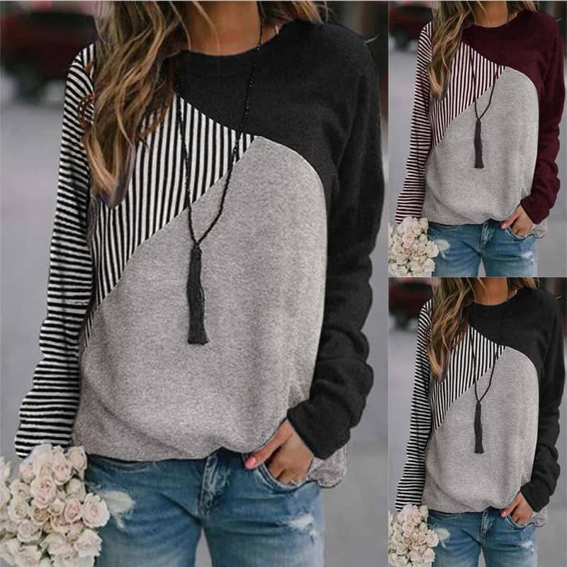Color Matching Stitching Round Neck Long-sleeved Sweater…