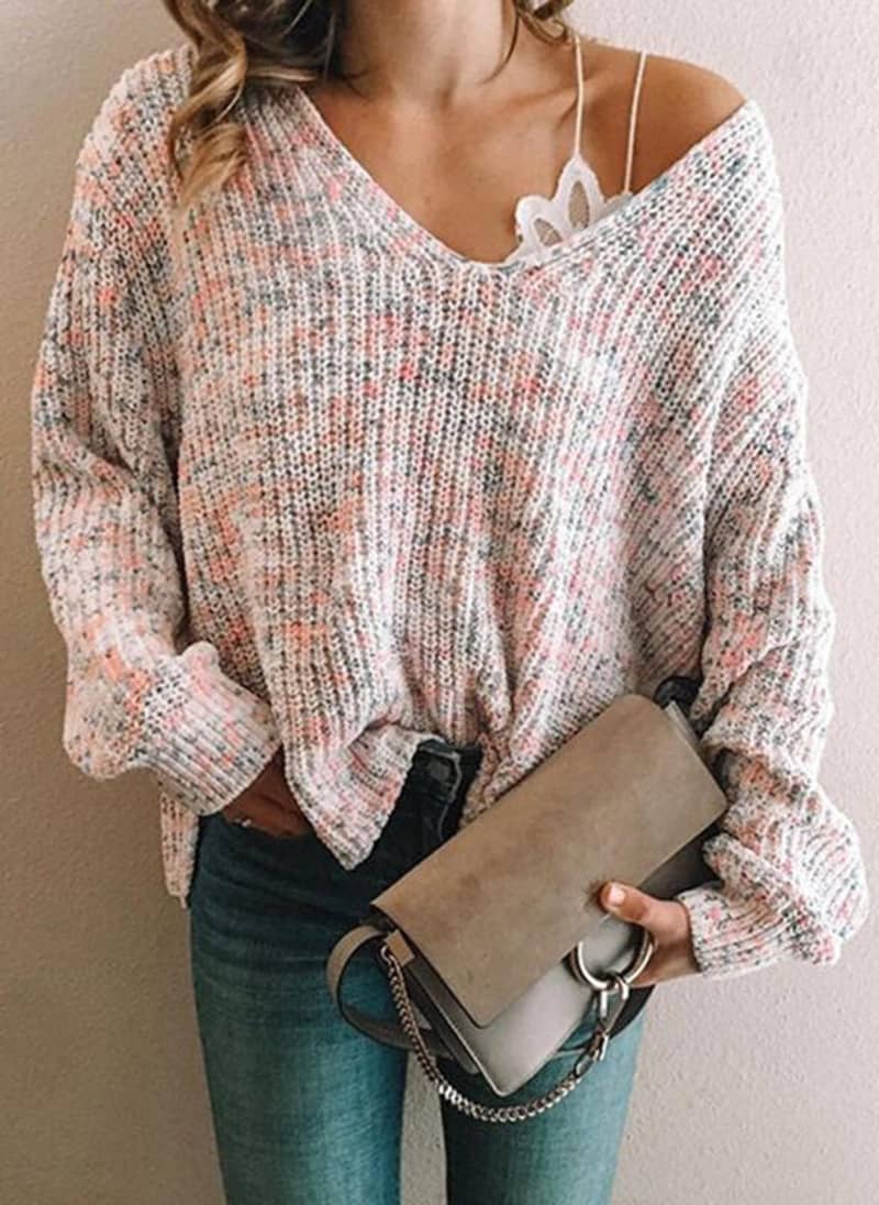 Fashion Knit Sweater Top Solid Color Casual V-Neck Sweate…