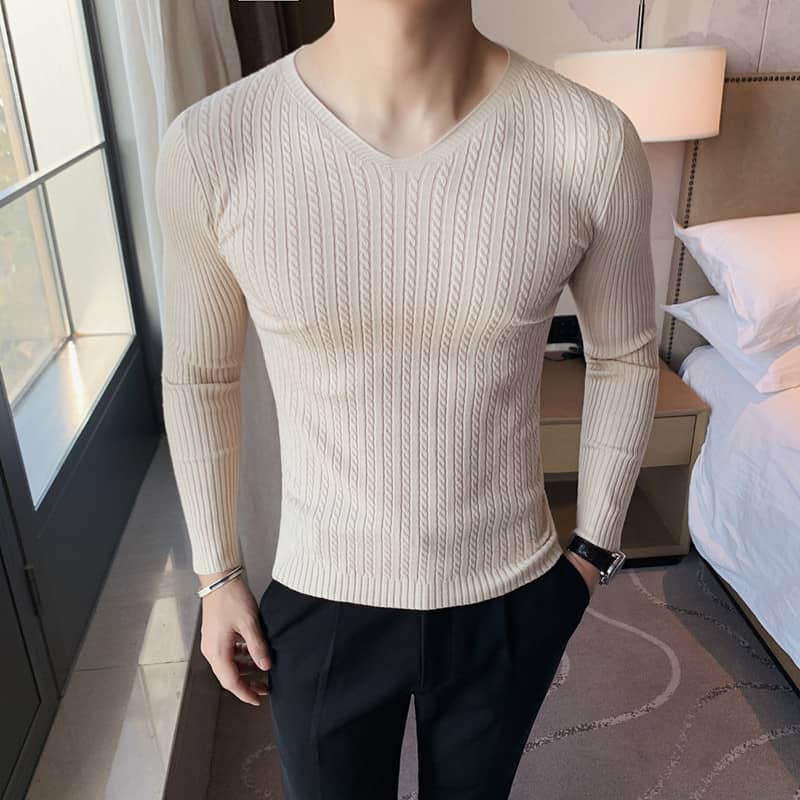 Autumn And Winter Men's Solid Color V-neck Bottoming Knit…