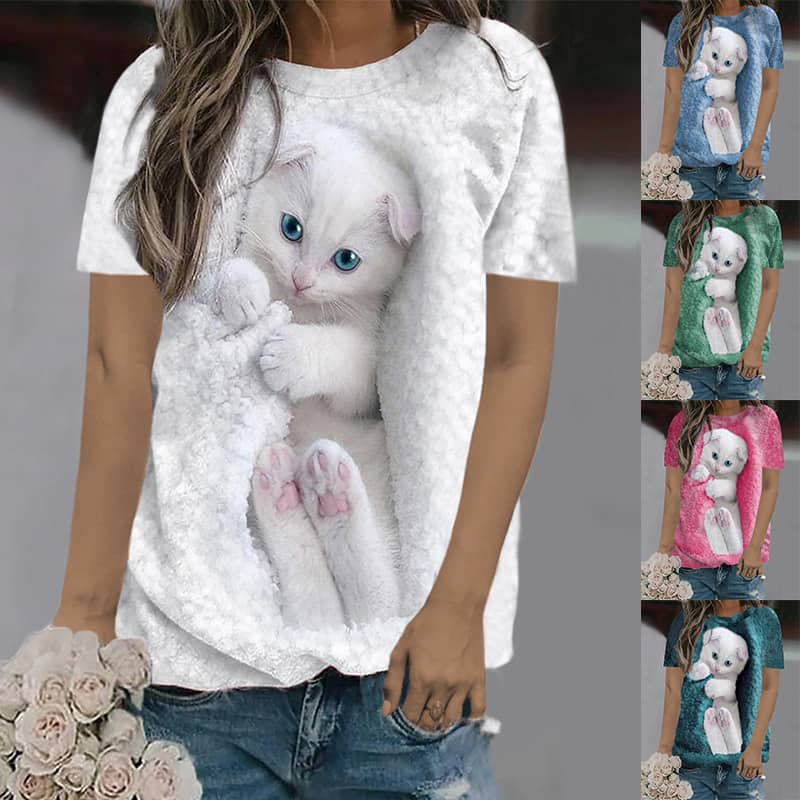 Casual Loose Fit Cat Print Short Sleeve