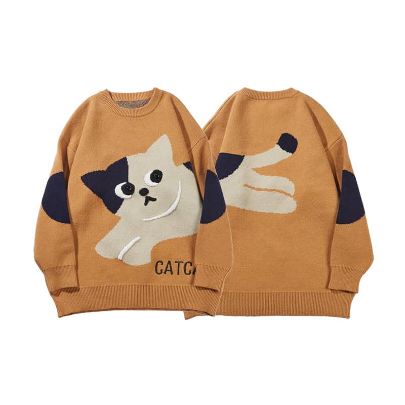 Cat Jacquard Round Neck Sweater Men And Women Trendy Bran…