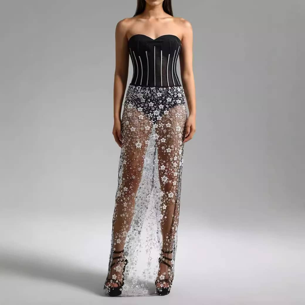Mesh Sleeveless Tube Top Sequin Bead Sexy Backless Red Ca…