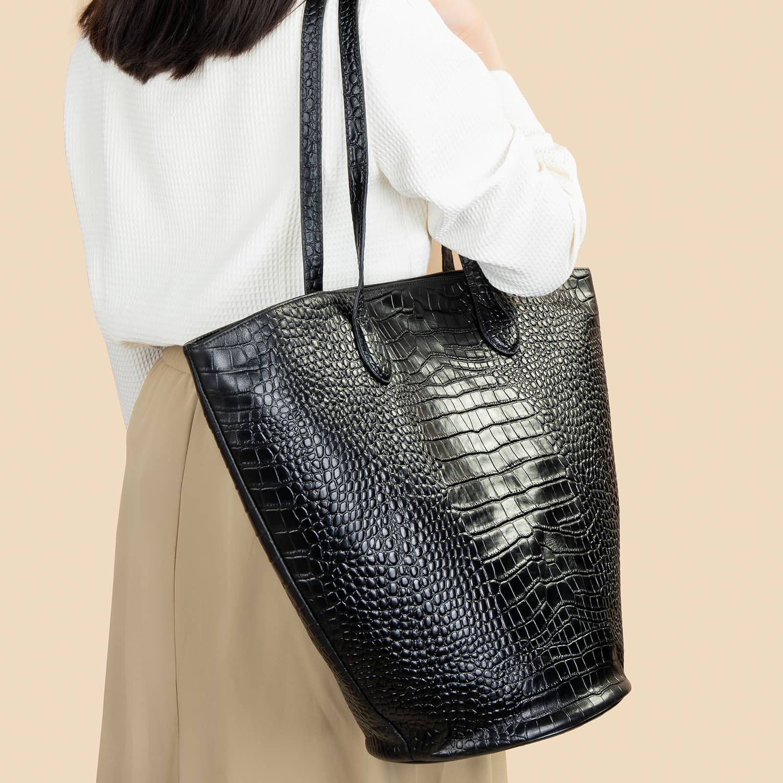 Crocodile Pattern Women's Tote Large Capacity Cylinder Ad…