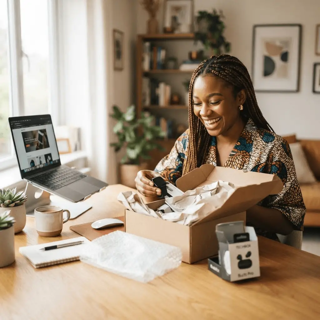 A shopper unboxing tech gadgets ordered from DreamShop