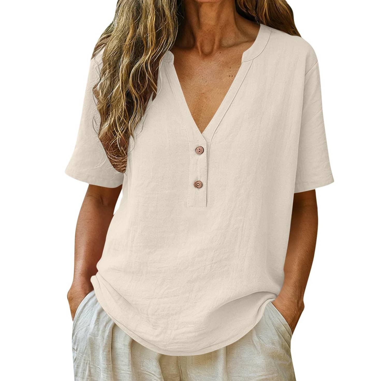Solid-color Buttoned Fashionable Womens Short-sleeved Top